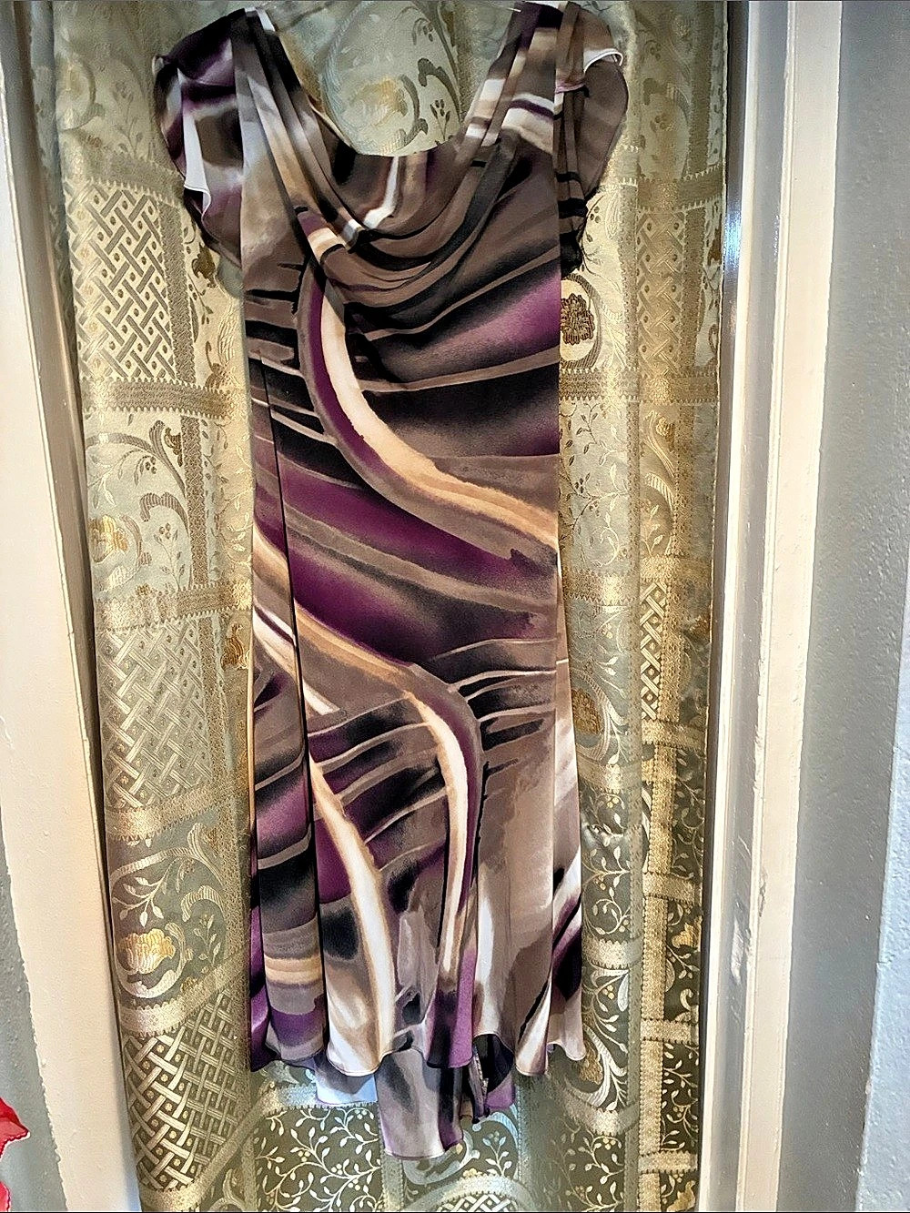 S.L. Fashion Abstract Draped Neck Dress in Purple & Brown Size 12P